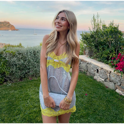 Sexy Sequin Lace Trim Dress Women Fashion V-neck Sleeveless High Waist Mini Sling Dresses 2026 Summer Lady Vacation Robe