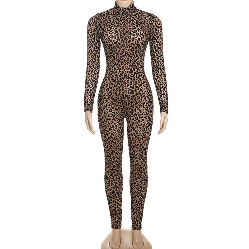 Shestyle Velvet Leopard Sexy Jumpsuits Women Turtleneck Nude Bodycon Mesh Transparent Zipper Fly Slim Fitness Playsuit Clothes