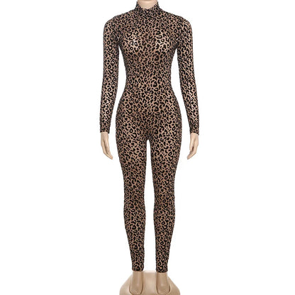 Shestyle Velvet Leopard Sexy Jumpsuits Women Turtleneck Nude Bodycon Mesh Transparent Zipper Fly Slim Fitness Playsuit Clothes