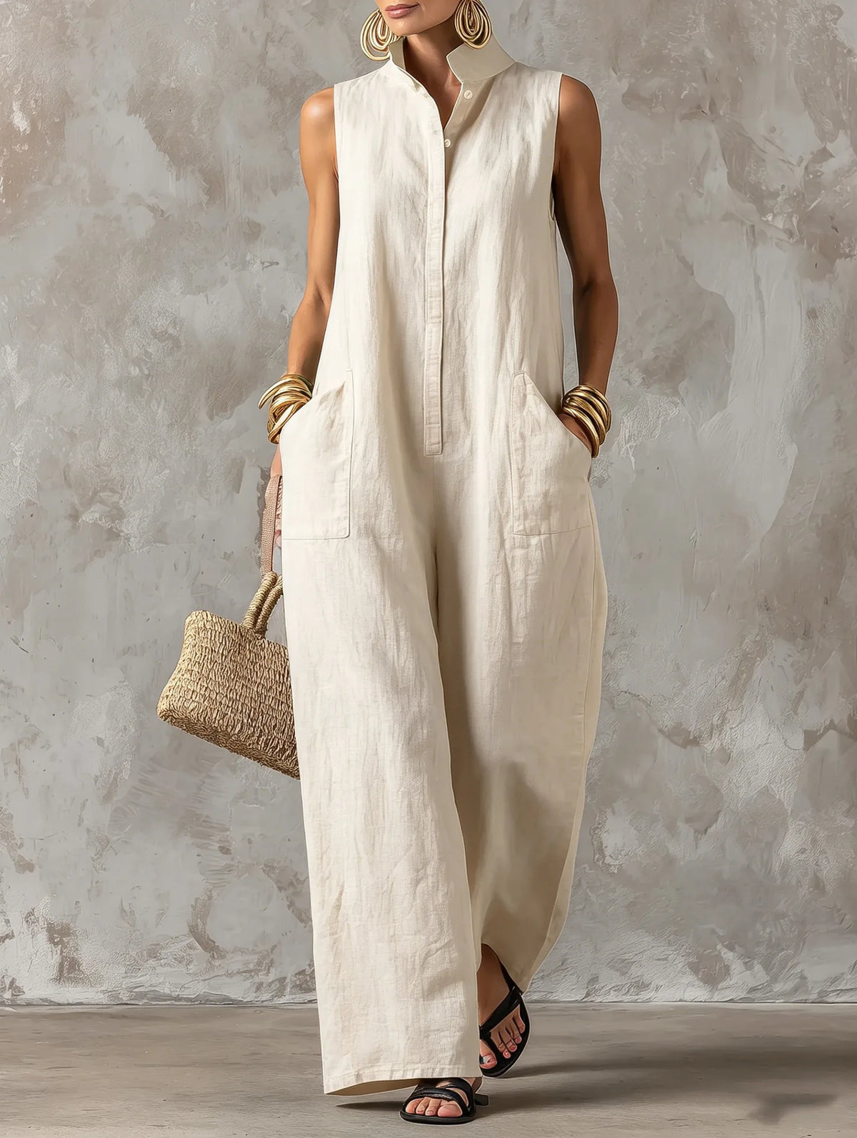 Women Linen Sleeveless Jumpsuit Stand Collar Button Down Wide Leg Long Romper Casual Loose Pockets Vacation Overalls