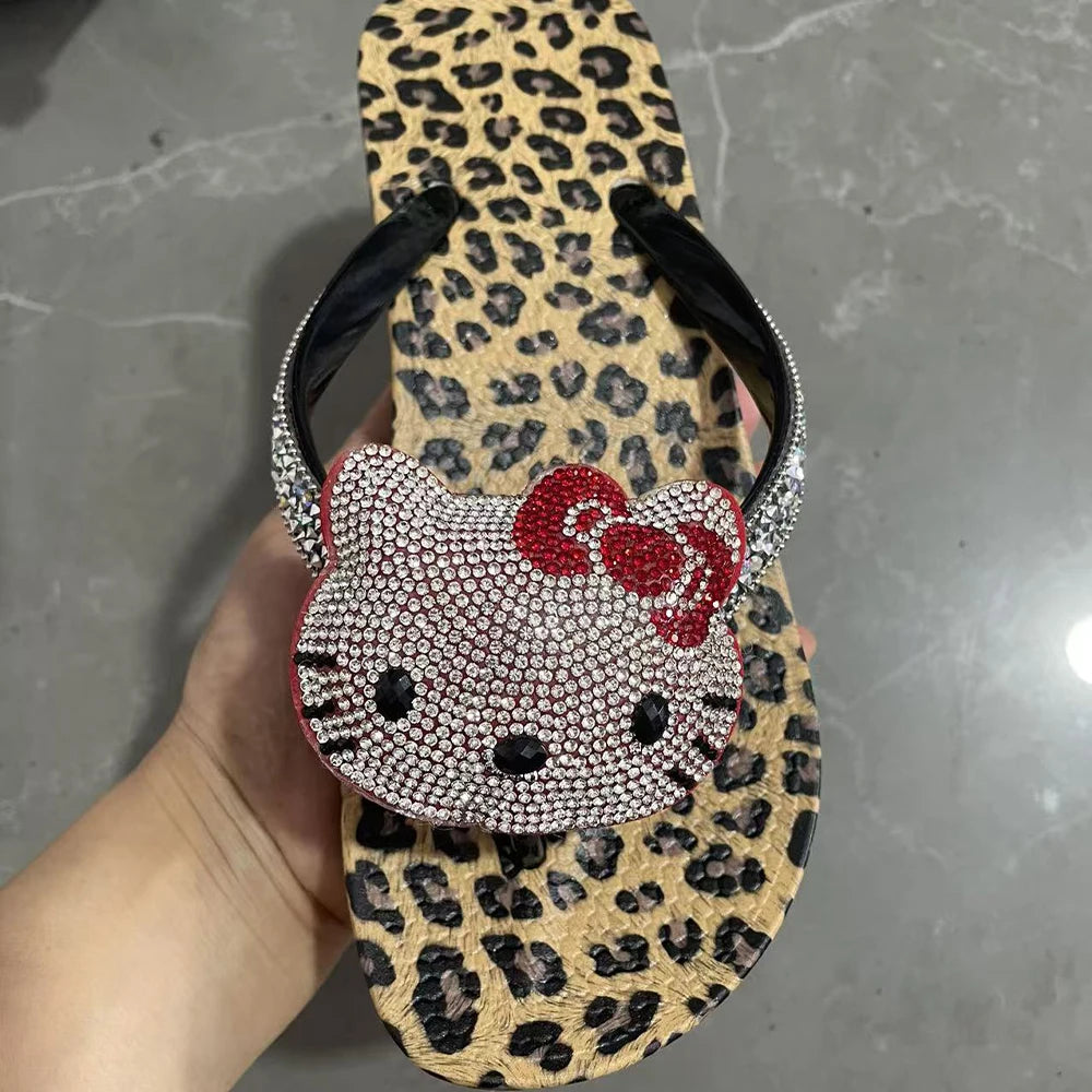 Hello Kitty Rhinestone Flip Flops Leopard Print Y2K Women Bling Non-Slip Summer Beach Casual Thong Sandals Indoor Outdoor