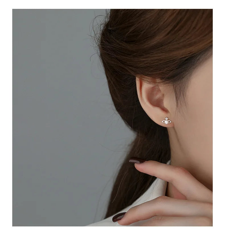 Fashionable Simple 999 Sterling Silver Zircon Planet Shell Earrings for Women Exquisite Light Luxury Jewelry