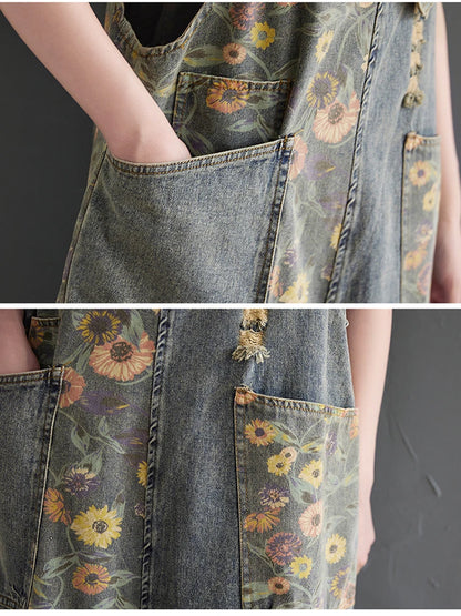Casual Print Floral Plus Size Denim Jumpsuits Women Loose Wide Leg Straps Baggy Pants Woman Dungarees Streetwear Jeans Overalls