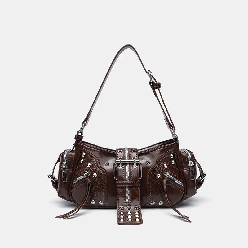 Women's Y2k Punk Vintage Shoulder Purse PU Leather Gothic Rivet Handbag Waist Bag Luxury Black Cross Body Bags with Spikes
