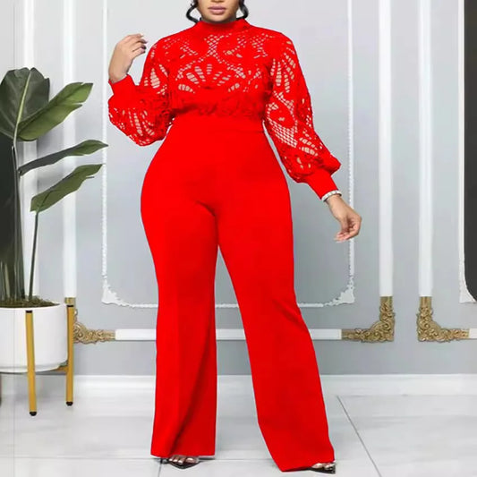 Temperament commuter Slim women's plus size dress mesh lace lace casual jumpsuit trousers