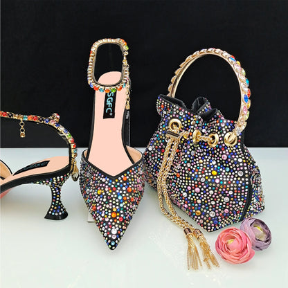 QSGFC New Gold Glitter Fabric Pointed Toe High Heels With A Variety Of Shapes Of Rhinestones Fashion Party Ladies Shoes And Bag