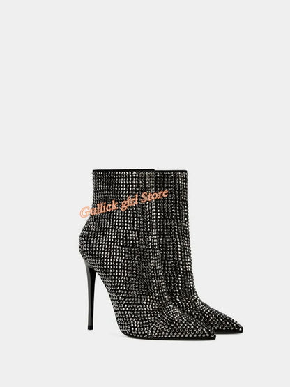 Sexy Rhinestone Short High Heeled Boots Zipper Sexy Pointy Toe Stiletto Thin High Heel Runway 2026 Women Winter Autumn Shoes