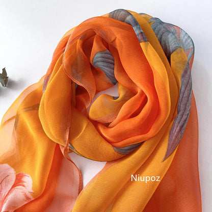 Gradient Lily Print Pretty Women Elegant Chiffon Georgette Bandana Scarf Summer Beach Sunscreen Thin Shawl