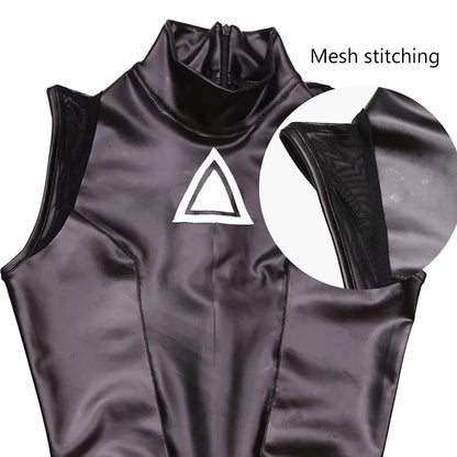 Women Sexy PU Leather Bodysuits Sleeveless Mesh Stitching Faux Latex Bodycon Jumpsuits Ladies Nightclub Cosplay Rompers Custom