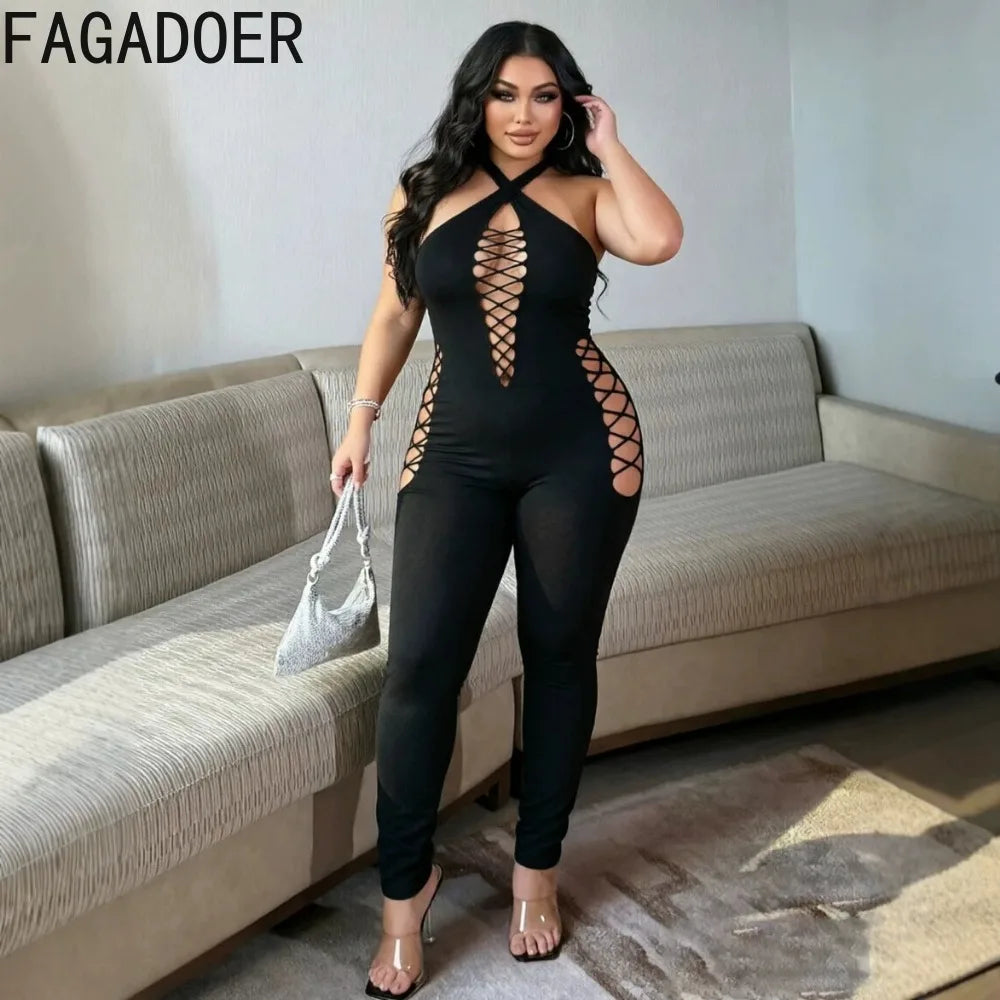 FAGADOER Sexy Black Hollow Out Jumpsuits Fashion Off Shoulder Halter Side Cross Lace-Up Cutout Bodycon Rompers Night Club Wear