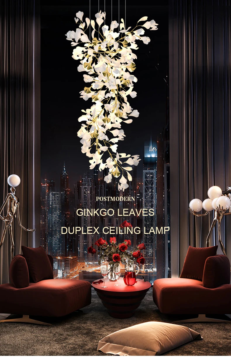 Staircase Ginko Leaf Chandelier Light For High Ceiling Staircase Loft Living Room Hotel Lobby Stairway Luxury Branch Chandeliers
