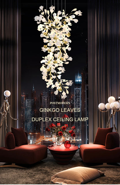 Staircase Ginko Leaf Chandelier Light For High Ceiling Staircase Loft Living Room Hotel Lobby Stairway Luxury Branch Chandeliers
