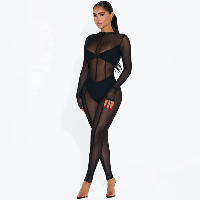 Hugcitar Mesh Long Sleeve Black Zip Up See Through Sheer Sexy Bodycon Jumpsuit 2025 Summer Women Romper Beach Festival Club Y2K