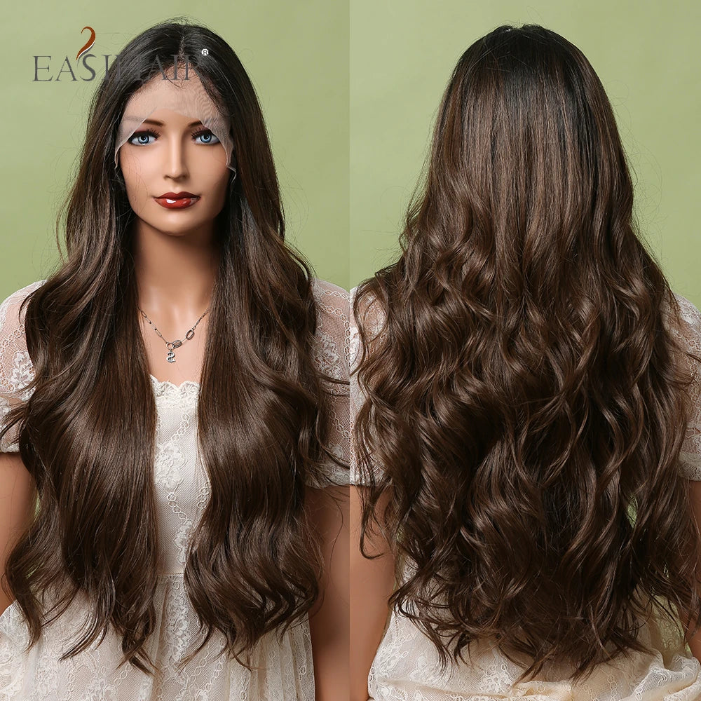 EASIHAIR Lace Front Hair Wigs Brown Long Straight Synthetic Lace Wigs for Black Women Daily Cosplay Party Heat Resistant Fibers