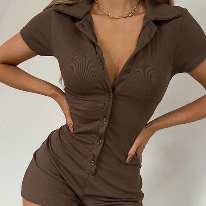 Womens Fashion Polo Collar Solid Short Sleeve Buttons Sexy Skinny One Piece Playsuits Romper Streeetwear Sport Yoga Jumpsuits