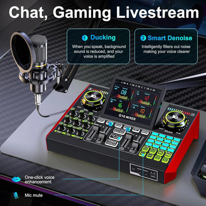 Tenlamp Plug And Play Podcast Equipment Bundle with Professional Chipset, G10 Live Streaming Audio Interface for Laptop PC, Voice Changer Denoise Reverb Sound Board Kit for Gaming Singing Vlog Living Broadcast Recording