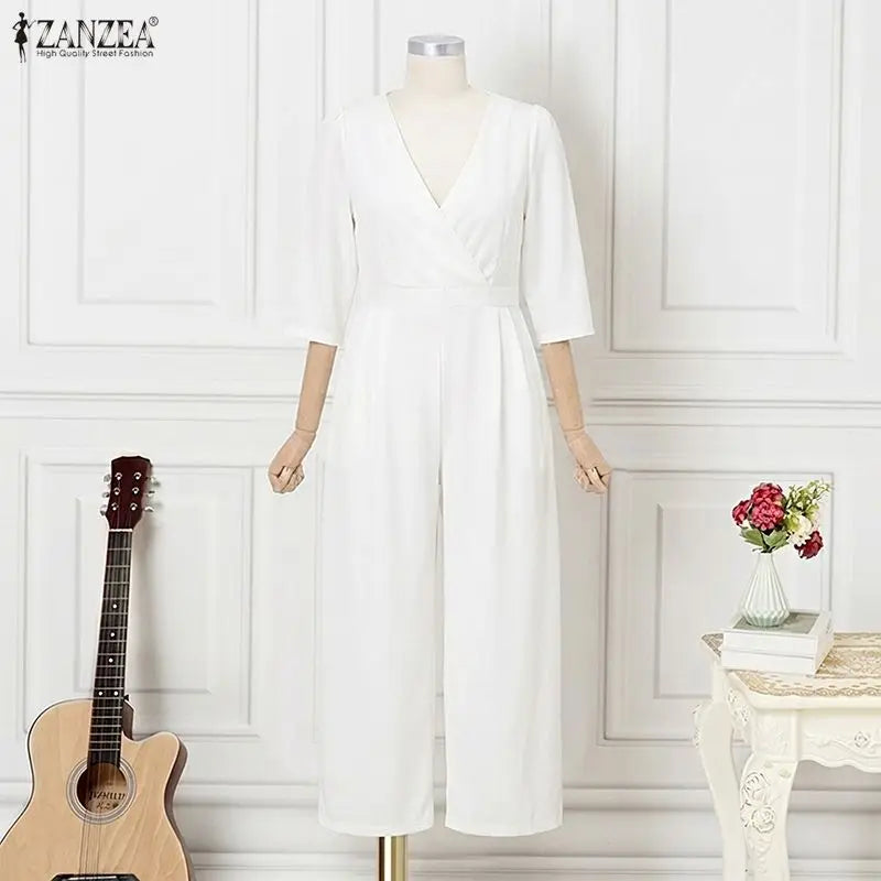 ZANZEA OL Work Party Women Jumpsuits Solid Color Summer 3/4 Sleeve Sevy V Neck Rompers Solid Playsuits Wide Leg Pants Streetwear