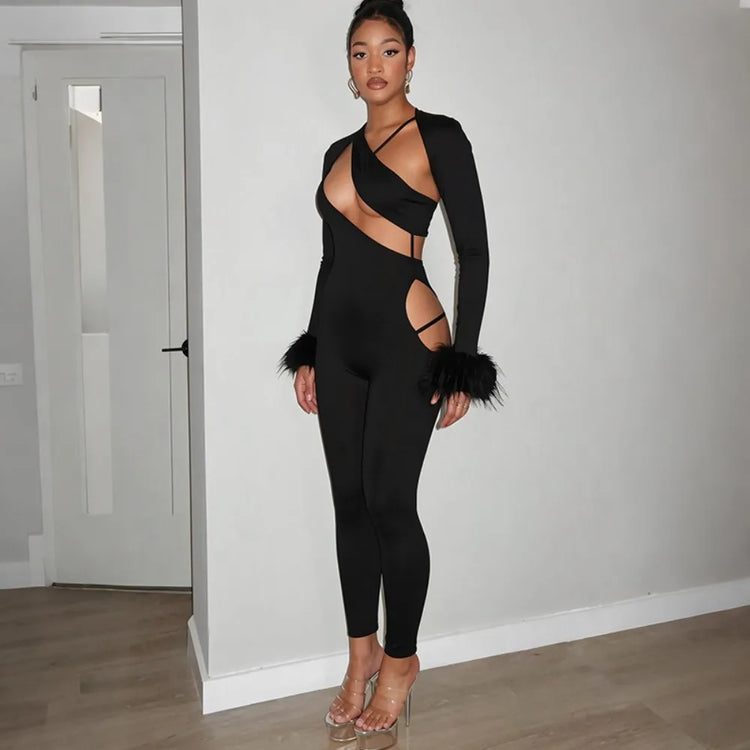FLARORA Sexy Hollow Out Jumpsuits Woman Faux Fur Patchwork Skew Neck Full Sleeve Backless Skinny Peach Hip Party Club Overalls