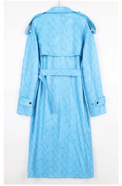 Nerazzurri Spring Autumn Long Oversized Colorful Snakeskin Print Patent Leather Trench Coat for Women Belt Runway Fashion 2022