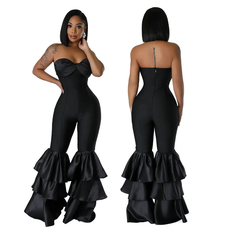 Jumpsuits Strapless Women Sleeveless Sexy Rompers One Piece Overalls Slim Fit Long Pant Ruffles Patchwork Elegant Lady