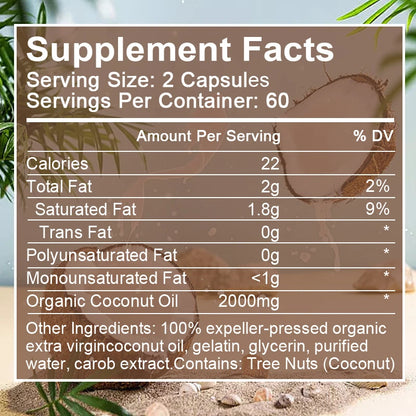 Coconut Oil Capsules Promotes Healthy Hair, Skin & Nails Made with Organic Coconut Oil