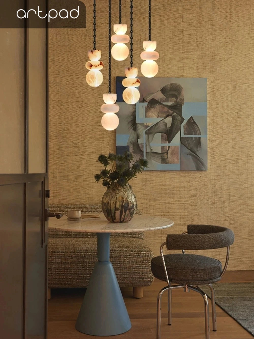 Alabaster Marble Chain Hanging Pendant Lights Collection for Dining Room Spanish Natural Marble LED Chandelier For Living Room