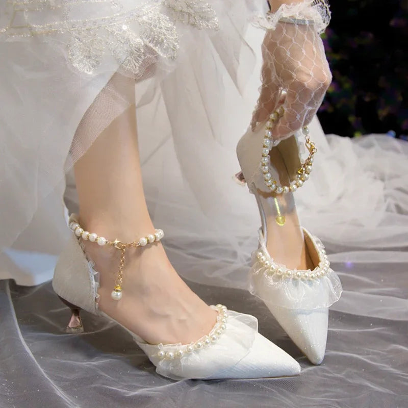 Elegant Pearl Weddings Bridal Pumps for Women 2026 Summer Silk Ankle Straps High Heels Shoes Woman Pointed Toe Dress White Shoes