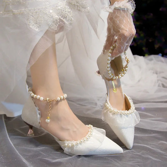 Elegant Pearl Weddings Bridal Pumps for Women 2026 Summer Silk Ankle Straps High Heels Shoes Woman Pointed Toe Dress White Shoes