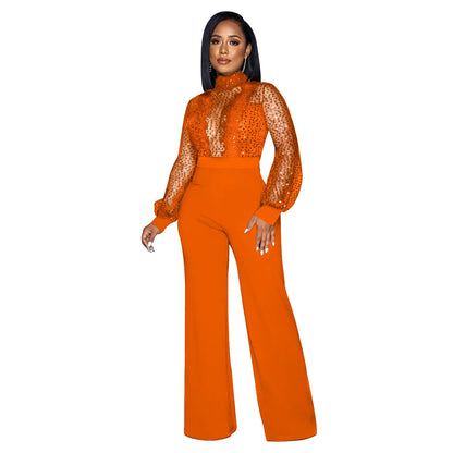 HBLL Women Sequin Lace Jumpsuit Elegant Long Sleeve Wide Leg Pants Sexy See Through Evening Party Outfits Jumpsuits With Belt