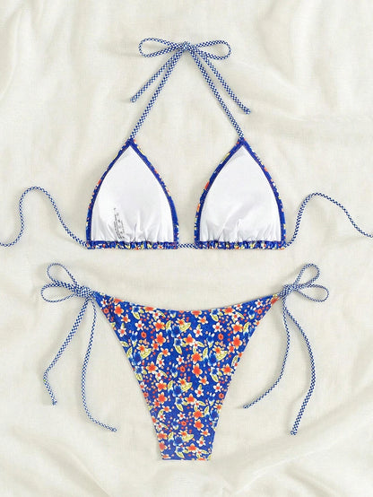 Swimsuit 2026 Female Micro Bikini Women Swimwear Summer Beachwear Women's Bathing Suit Floral Print Neck Halter Thong Bikini Set
