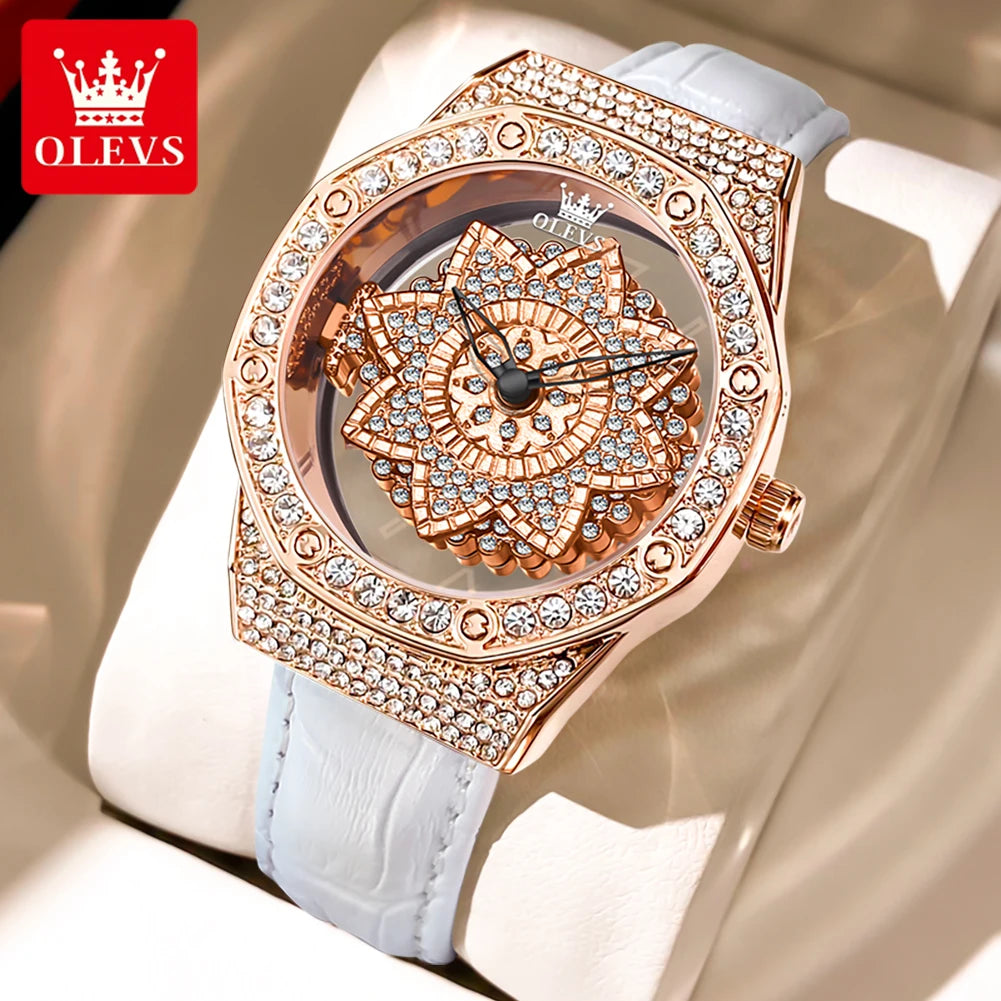 OLEVS Brand Luxury Diamond Quartz Watch for Women Fashion Leather Strap Waterproof Fashion Silver Watches Mens Relogio Feminino