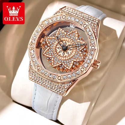 OLEVS Brand Luxury Diamond Quartz Watch for Women Fashion Leather Strap Waterproof Fashion Silver Watches Mens Relogio Feminino