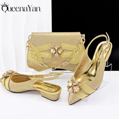 QueenaYan 2026 New Summer Collection Stylish Italian Women’s Shoes and Bag Set Gold Colour Comfortable Low Heels With Rhinestone