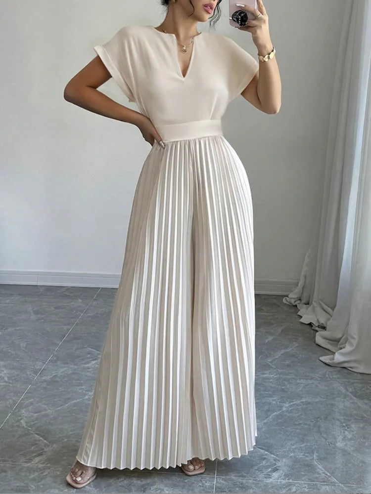 Elegant Pleated Jumpsuits&Rompers for Women V-Neck Jumpsuits Fashion Summer High Waisted Luxury Birthday Party Outfit