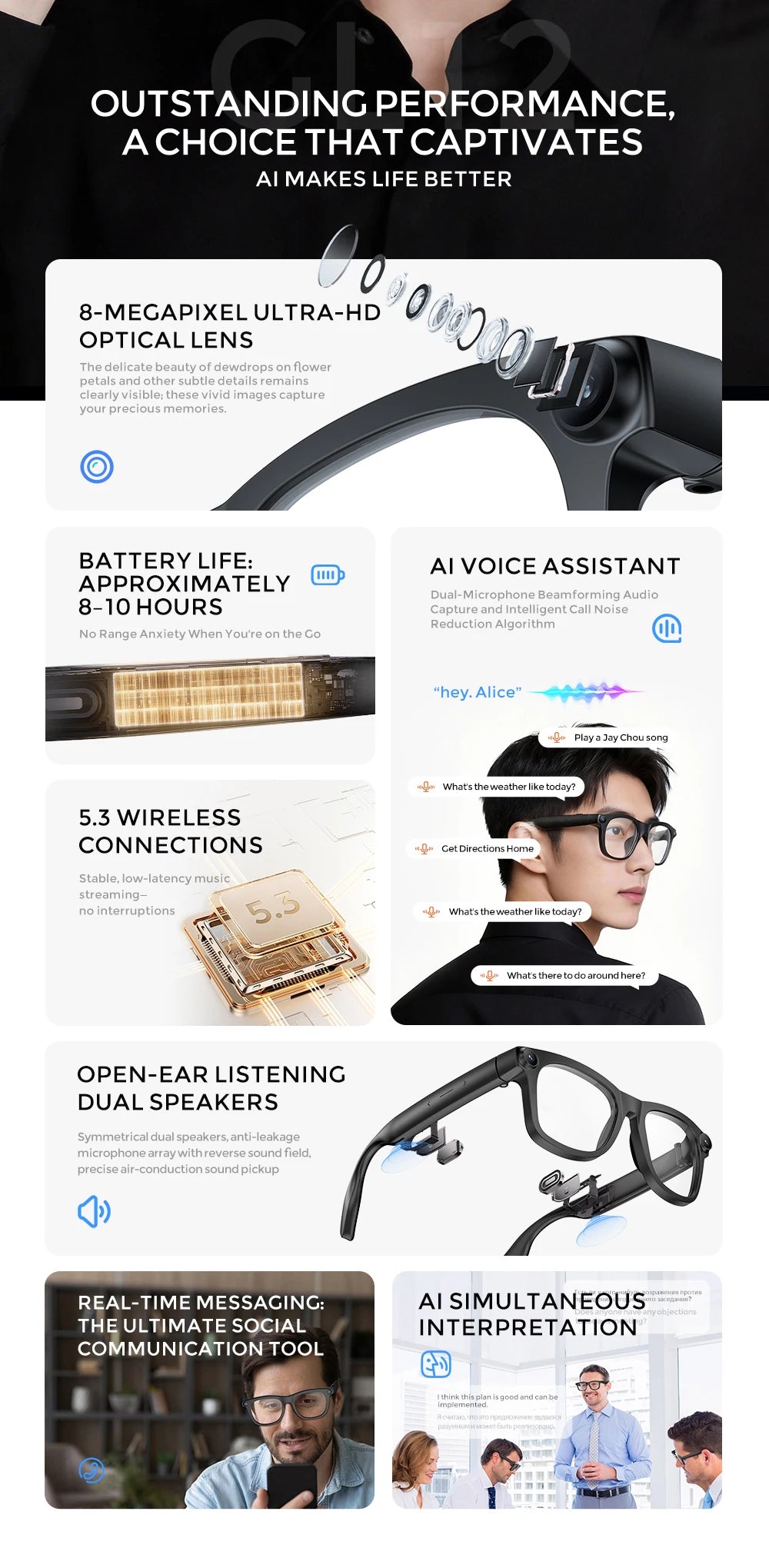 4K Smart AI Glasses 800W AI Translation 8MP HD Camera 4K Shooting Image Bluetooth Call Recording Music Smart Sunglasses