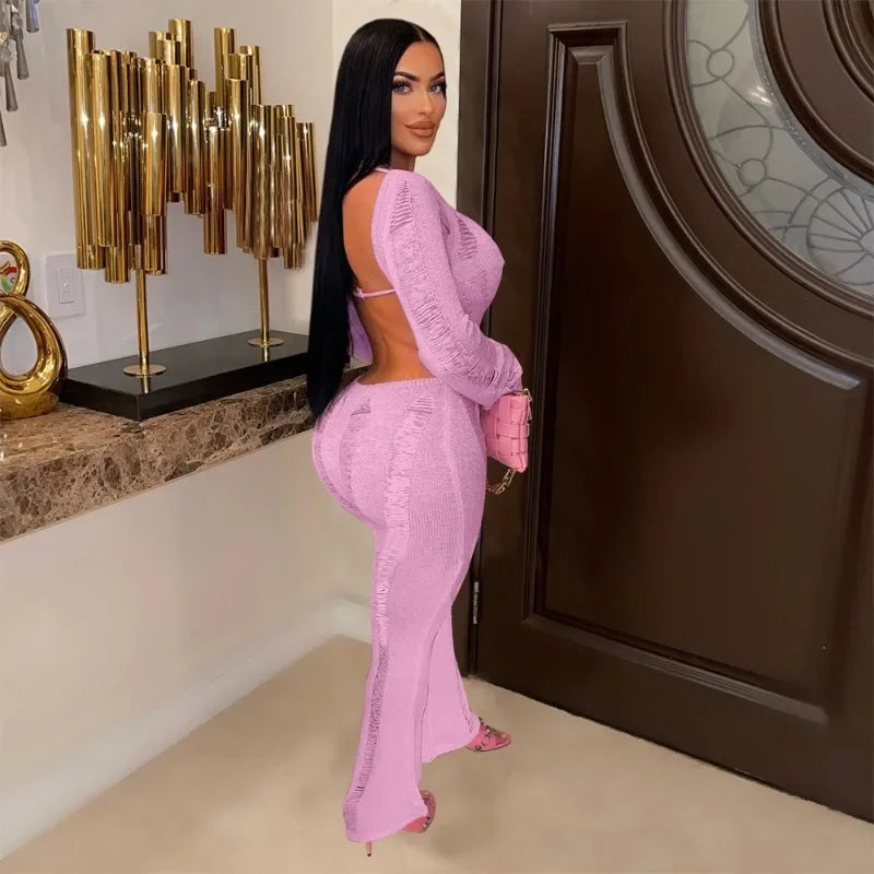 2024 Autumn Women Solid Knitted Jumpsuits Sexy Backless Hollow Off Shoulder Long Sleeve Stretch One Piece Overalls Casual Romper