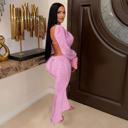 2024 Autumn Women Solid Knitted Jumpsuits Sexy Backless Hollow Off Shoulder Long Sleeve Stretch One Piece Overalls Casual Romper