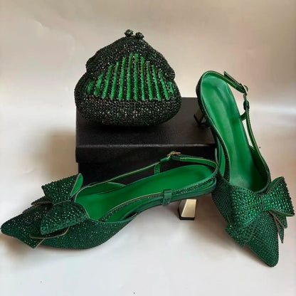 Insightlink Green Crystal High Heel with Bag Set for Bridal Wedding Party Designer Pointed Toe and Clutch Luxury Sandal Handbag