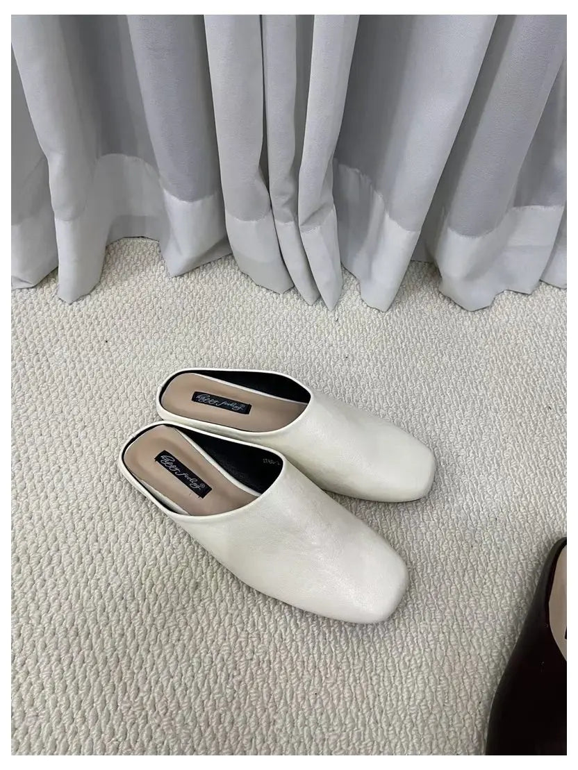 Fashion Square Toe Flat Slippers Women Casual Slip On Mule Luxury Brand Outsides Slides Elegant Pleated Ladies Shoes Sandal Flip