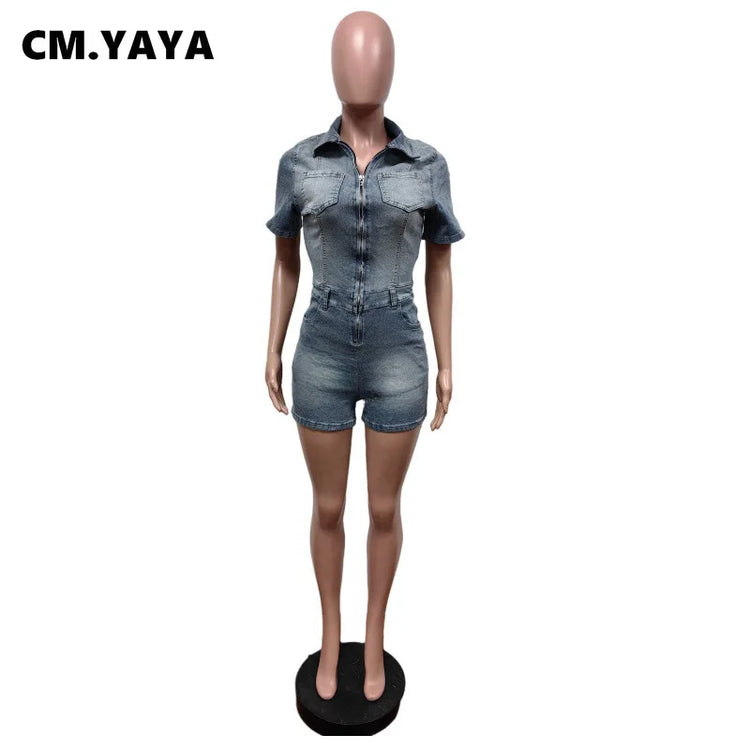 CM.YAYA Women Turn-down Collar Zipper Fly Short Sleeve Denim Jumpsuit 2025 Summer Chic Jeans Romper One Piece Set Playsuit
