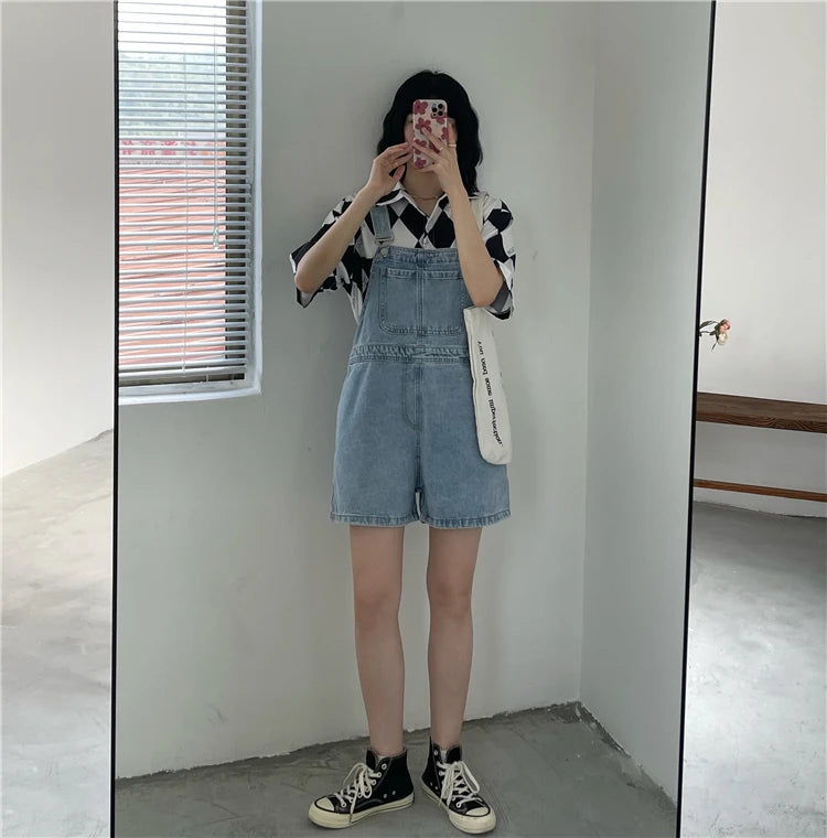 Women's Denim Overalls Short Trousers Wide Leg Loose Fit Thin Jumpsuit Korean Style for Petite Ladies Casual Clothing