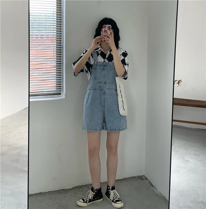 Women's Denim Overalls Short Trousers Wide Leg Loose Fit Thin Jumpsuit Korean Style for Petite Ladies Casual Clothing