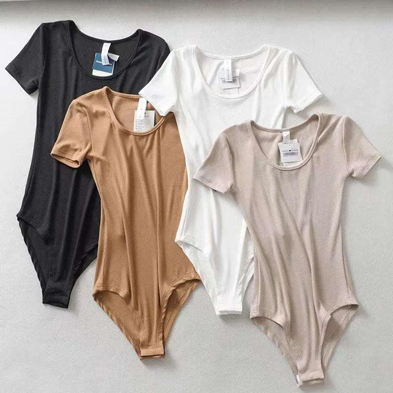 Women Casual Sexy Slim Beach Vacation Jumpsuit Bodycone Short Sleeve Round Neck Bodysuit Seamless Clubwear Basic Shirt & Blouses