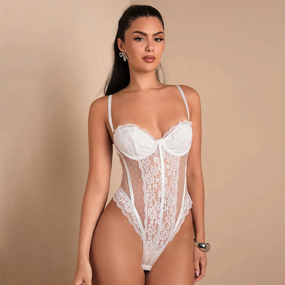 Lace Edge Bodysuits Women Slim Jumpsuits Summer Fashion Sexy Lingеrie Halter Bodyshaper Nightclub Breathable Mesh Shapewear Tops