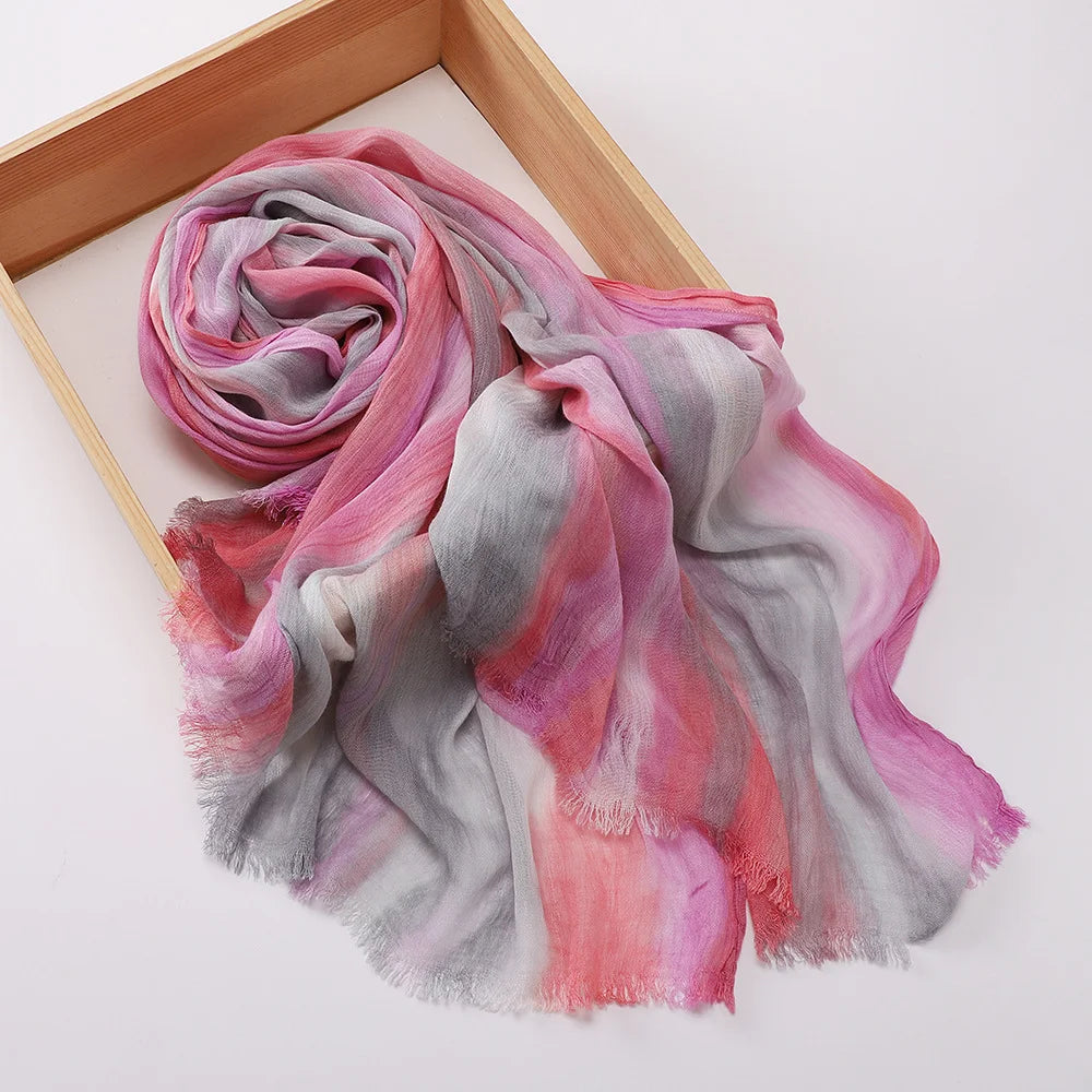 New Fashion Cotton Blend Hijabs Scarf Woman Graduated Color Striped Women Headscarf Retro Versatile Printing Long Shawl