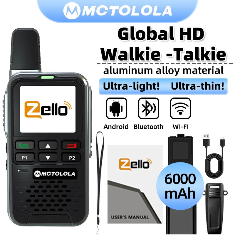 MOTOLOLA 4G Zello Walkie Talkie Android 8.1 System Aluminum Alloy Shell Ultra-Thin Body Wireless Intercom Radio Wi-Fi Bluetooth