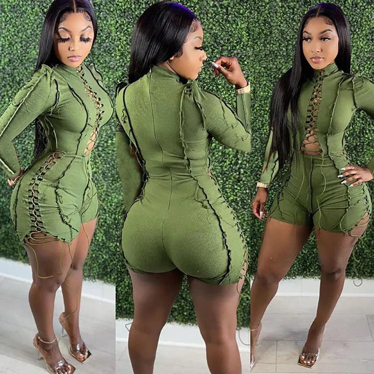 Jump Suits Women One Piece Full Sleeve Drawstring Overalls Short Pants Tight Waist Rompers Hollow Out Y2k Streetwear Sexy 2026