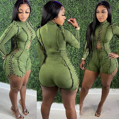 Jump Suits Women One Piece Full Sleeve Drawstring Overalls Short Pants Tight Waist Rompers Hollow Out Y2k Streetwear Sexy 2026