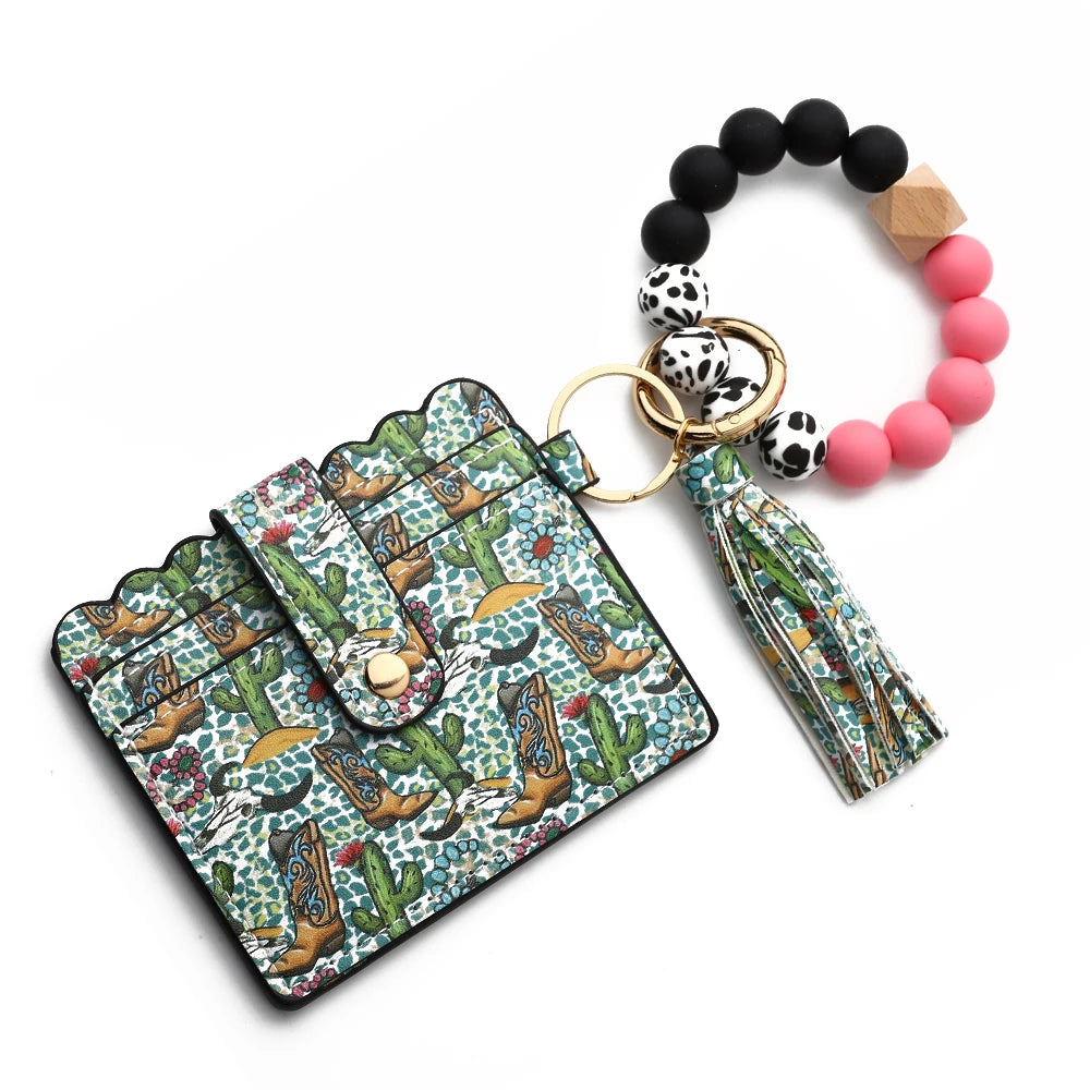 Bull Silicone Beads Bracelet Pu Leather Purse Leopard Print Tassel Cow Wallet Keychain Silicone Beaded ID Card Holder Keychain