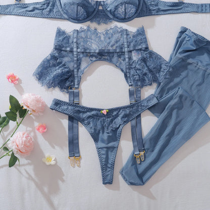 Sexy Blue Eyelash Lace Lingerie Set 4Pcs Satin Bra Peplum Ruffle Garter Belt with Rosebud Panties Stockings Women Nightwear